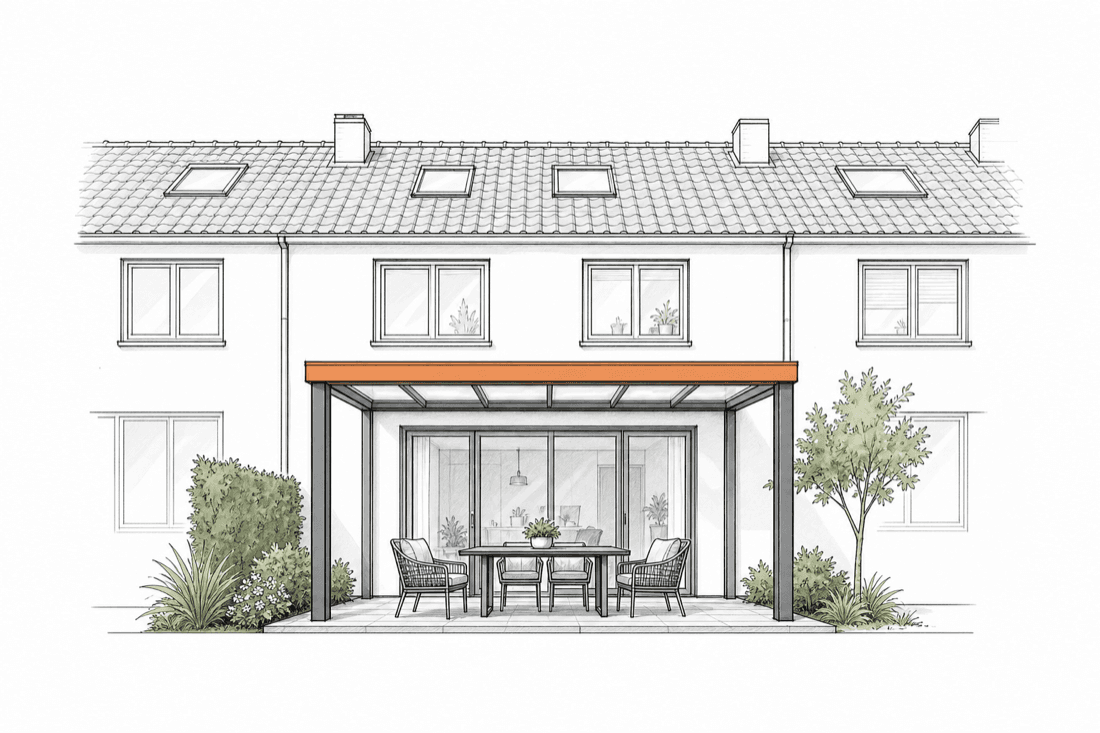 Architectuurschets van een veranda aan een woning