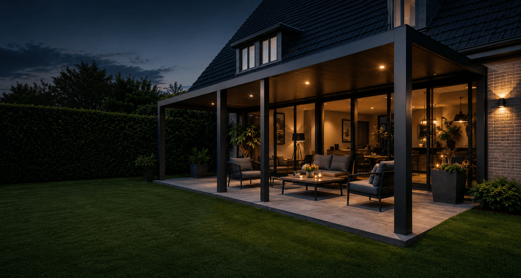 Moderne veranda aan een woning bij avond